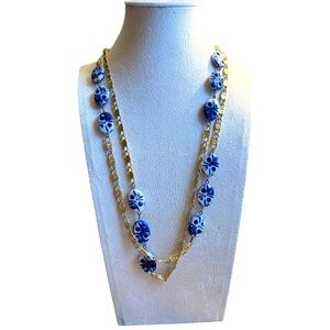 Blue and White Beaded Necklace with Decorative Gold Chain